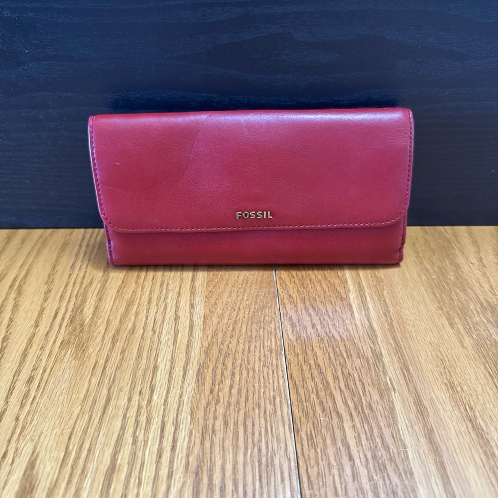 Fossil Leather Wallet Red Clutch Bifold Double Sided Organizer Vintage